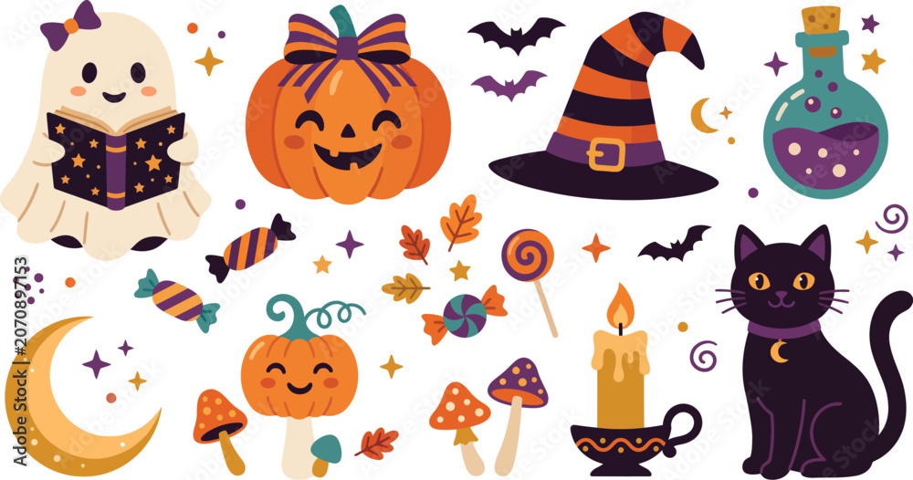 Fototapeta premium Cute hand drawn halloween elements collection featuring a ghost pumpkin witch hat potion bottle black cat and autumn leaves on white background