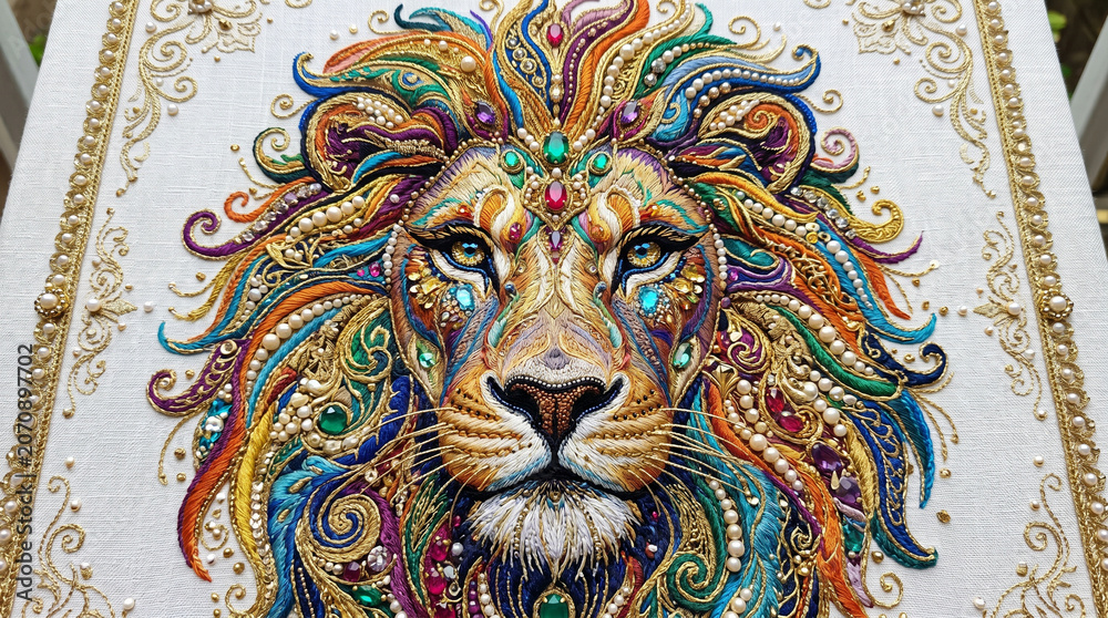 Obraz premium Colorful Pearl Embroidered Lion Face Design