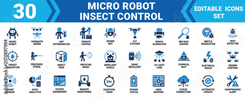 Set of 30 micro robot insect control and pest management icons for smart technology and automated extermination systems Vector