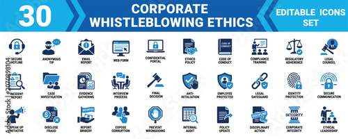 Set of 30 corporate whistleblowing and business ethics icons for internal compliance reporting and legal procedures Vector