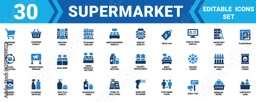 Set of thirty supermarket and grocery store icons for retail business and shopping design elements in blue style Vector