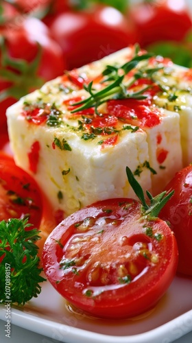 Fresh feta cheese topped with herbs and red peppers