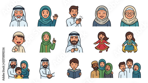 Colorful Arabian Character Collection with Joyful Expressions and Modern Semi Flat Design Elements for Creative Projects