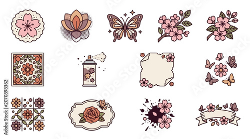 Vintage Mixed Media Floral Art Poster with Delicate Cherry Blossom Stickers Retro Print Texture Effects Handcrafted Butterfly Decorations Spring Garden Aesthetic Wall Decor Digital Unique Bo