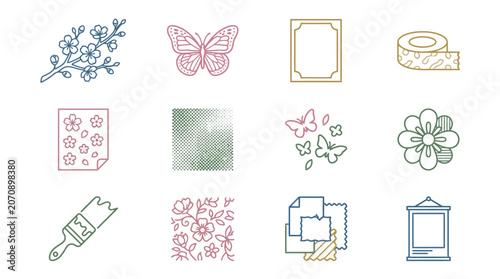 Vintage Mixed Media Flower Poster with Cherry Blossom Stickers Retro Print Effects and Butterfly Decorative Elements Artwork
