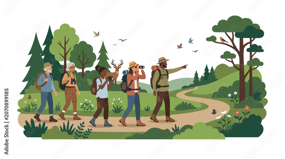 Fototapeta premium Diverse group of hikers exploring a scenic forest trail with wildlife