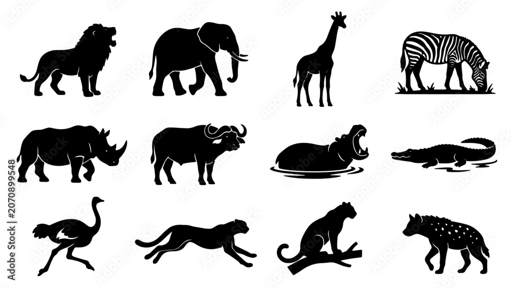 Fototapeta premium African Safari Animal Silhouette Icon Set 