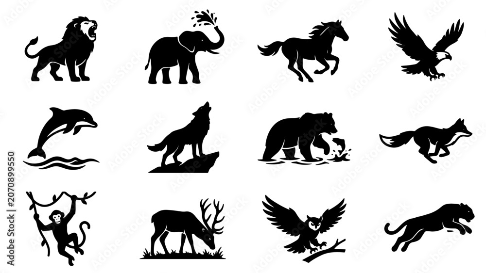 Naklejka premium Animal Action Silhouette Icon Set 