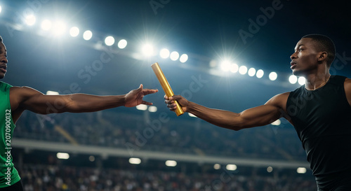 Athletic men in uniform passing a baton during a race, symbolizing teamwork, speed, and competition, under stadium lights