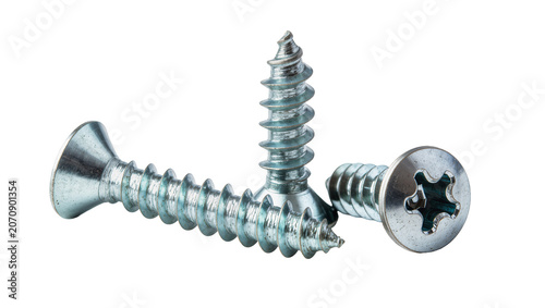 Isolated three shiny metal self-tapping screws with Phillips heads for various construction and DIY tasks