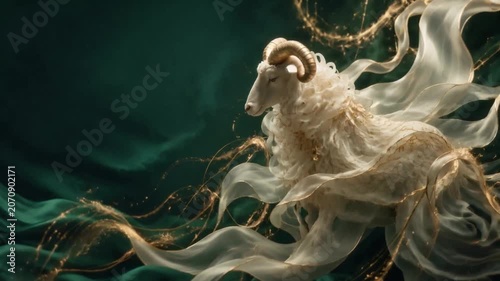 White sheep gracefully running amid swirling gold and green fabric  