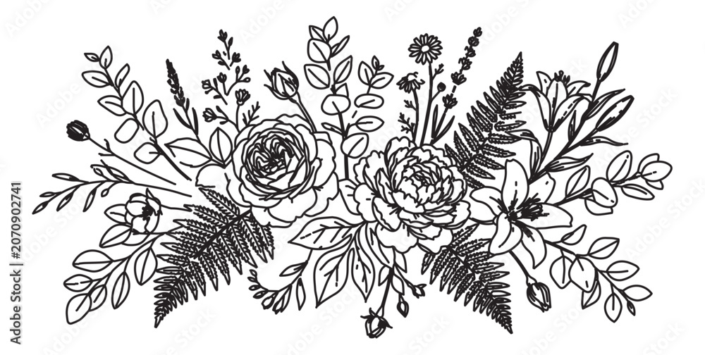 Fototapeta premium Vintage botanical line art floral bouquet, hand drawn wildflower arrangement with roses and ferns, black and white garden flower vector illustration