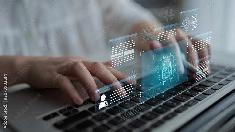 Fototapeta premium AI cybersecurity safeguards systems with encryption, access control, and AI secure data flow. Futuristic cyber security featuring AI digital shield, zero trust and AI threat detection system. Corpus