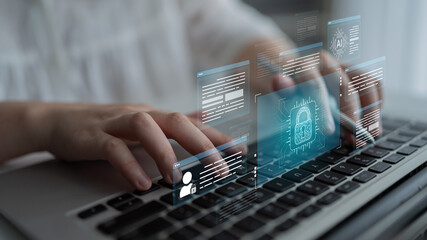 AI cybersecurity safeguards systems with encryption, access control, and AI secure data flow. Futuristic cyber security featuring AI digital shield, zero trust and AI threat detection system. Corpus