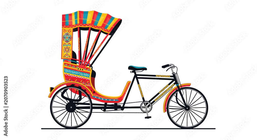 Fototapeta premium colorful rickshaw silhouette on white background vector transportation travel culture india urban street vehicle bike pedicab cycle cart canopy pattern