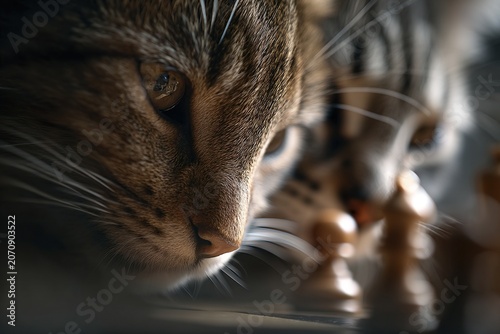 Curious tabby cat studying chess pieces on a table, ideal for strategy, pet intelligence and playful animal concepts.