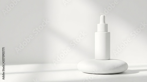 White dropper bottle mockup on stone base cosmetic product presentation minimalist design