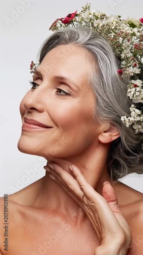 Positive aging woman with a wreath of flowers on her head against a white background