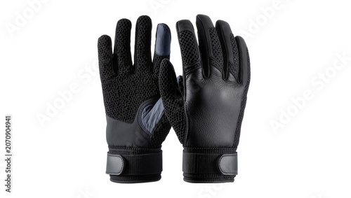 Isolated durable black all-purpose gloves with mesh texture and leather for protection