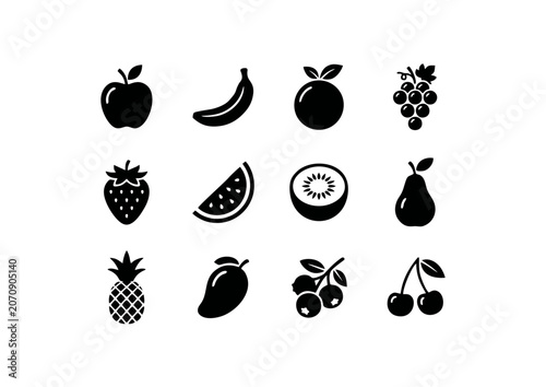 Black Vector Fruit Silhouette Icon Set with Apple Banana Orange Grapes Strawberry Watermelon Kiwi Pear Pineapple Mango and Cherries for Healthy Food and Organic Design