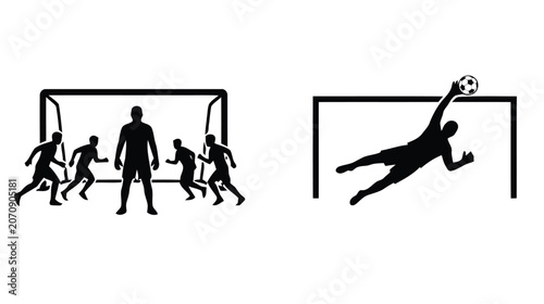 Fotografie Soccer player silhouettes depict a game scene with a goalkeeper and attacking pl