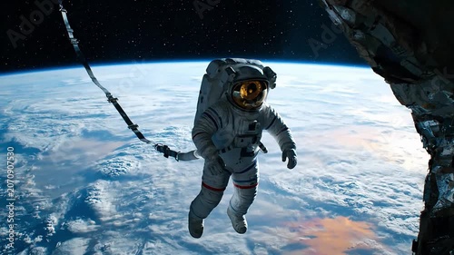 White Suited Astronaut Floating Freely in Space Above Blue Earth