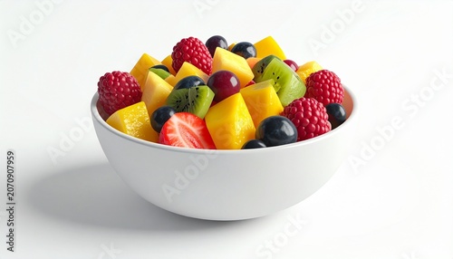 3D bowl filled with simplified mixed fruit pieces icon isolated on whi