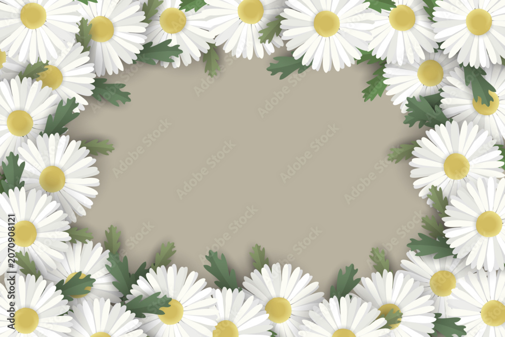 Fototapeta premium Flower frame with daisies on beige background.