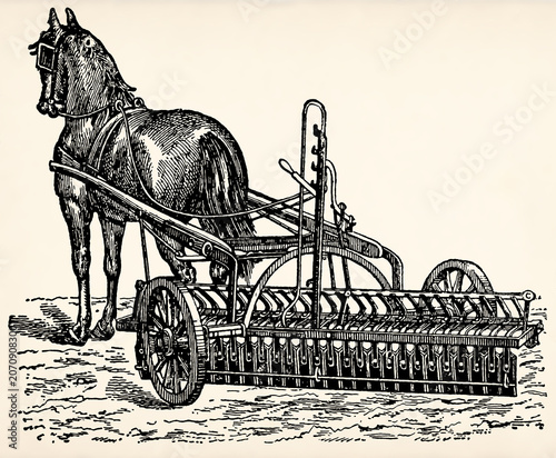 Horse-drawn street-cleaning machine. Antique stylized illustration.