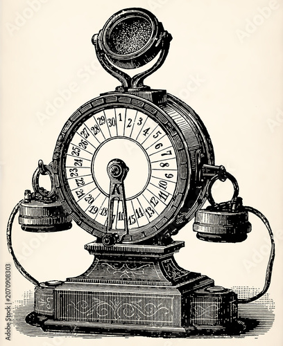 Early crank-operated telephone switchboard device by Wilhelm Emil Fein. Antique stylized illustration.