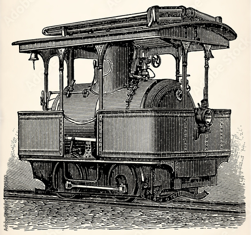 Fireless steam tramcar. Antique stylized illustration.