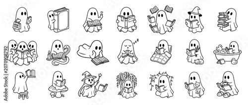 Cute Bookish Ghost Reading Collection for Halloween. Adorable ghost characters enjoying books in cozy, magical, and spooky settings.