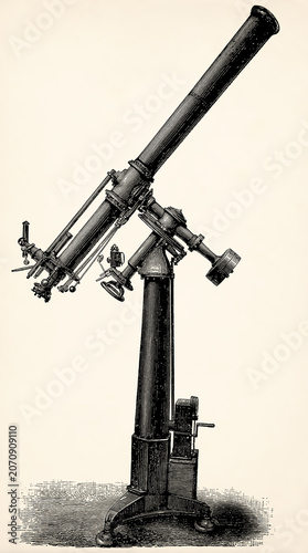 Refracting telescope. Antique stylized illustration.