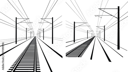 Photography Electrified Railway Track Silhouette with Overhead Power Lines Perspective View