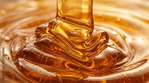 Close-up of golden honey, viscous liquid pouring, creating captivating, glistening ripples and a rich, sweet texture, evoking warmth and natural sweetness