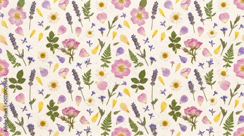 Elegant Seamless Watercolor Botanical Background Featuring Delicate Spring Blossoms, Pastel Wildflowers, and Fresh Green Foliage