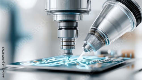 Close up detailed view of advanced semiconductor chip manufacturing process using precise laser and micro dispensing technology on circuit board