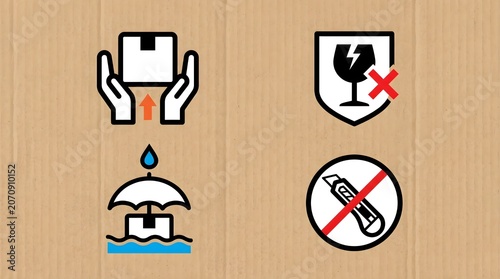 Warehouse instruction icon set including package handling symbols