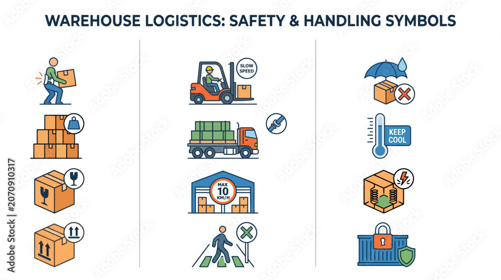 Fototapeta premium Warehouse logistics infographic symbols featuring package handling guidance