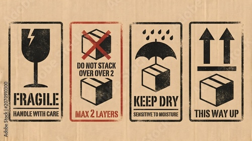 Warehouse label icon set inspired by export and cargo packaging signs