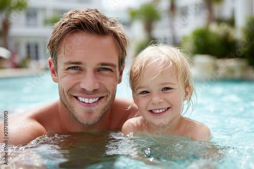 Smiling father and young daughter in a sunny swimming pool, ideal for family vacation, bonding and summer lifestyle concepts.