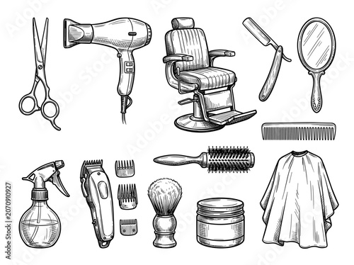 Hand drawn set of barber shop tool icon and equipment sketch, professional hair salon accessory on white background