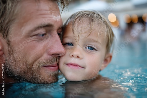 Tender father and child portrait in a swimming pool, ideal for parenting, trust, family bonding and leisure lifestyle concepts.