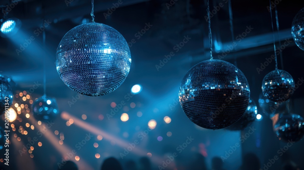 Fototapeta premium Shimmering mirror spheres cast cool blue light across a retro dance floor