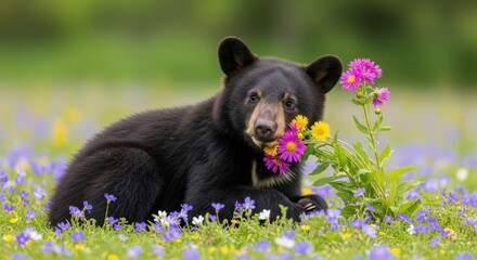 Black Bear Cub Playfully Tumbles in Flowers Gigapixel