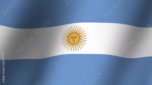 Flag of Argentina: A close-up, rippling view of the national flag of Argentina, showcasing its iconic sky blue and white stripes and the radiant golden Sun of May emblem in the center.
