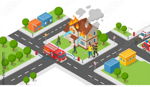 Schilderij op canvas Isometric Fire Rescue Scene Vector with Firefighters Extinguishing Burning House