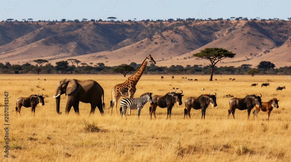 Fototapeta premium African savannah landscape with elephant, giraffe, zebra, and wildebeest herd walking through dry yellow grass. Distant hills under clear blue sky, trees dotting horizon, daytime scene.