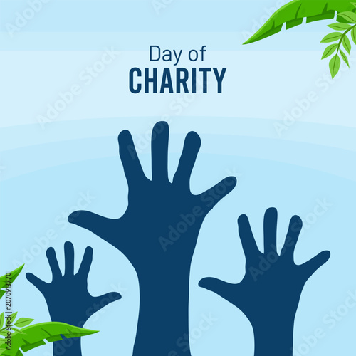 Foto Day of Charity event illustration with upraised hands, green leaves, and light b