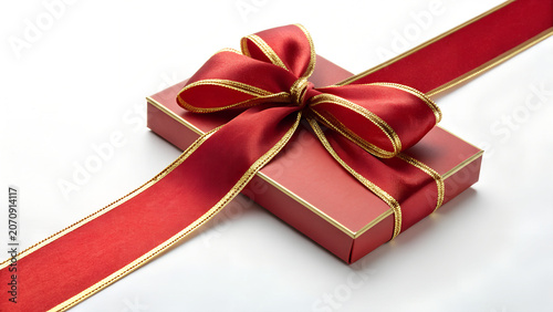 Red Gift Box with Golden Trim – Elegant Ribbon Bow Decoration, Festive Celebration Present and Luxurious Holiday Photography Concept